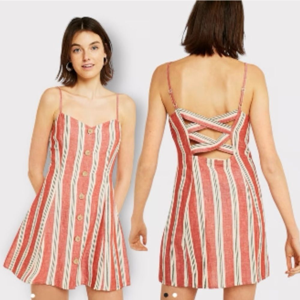 Urban Outfitters Striped Padded Back Linen Mini Party Dress F1*